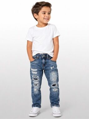 Zara Boys Distressed Patchwork Jeans Size 4 104 Denim Elastic Waist
